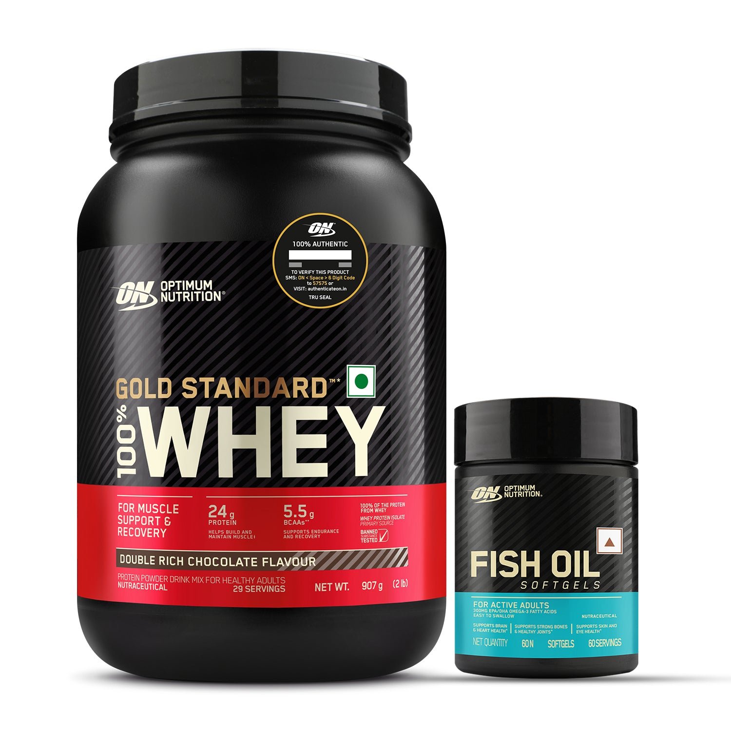 Gold Standard 100% Whey Protein Powder | Double Rich Chocolate | 2 lbs + Fish Oil - 60 Capsules